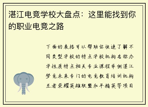 湛江电竞学校大盘点：这里能找到你的职业电竞之路