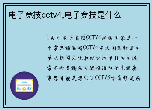 电子竞技cctv4,电子竞技是什么
